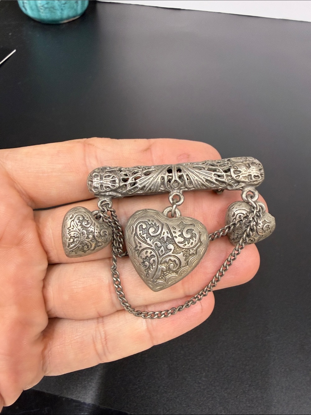 Ornate Silver Heart Pendant Brooch - Vintage-Inspired Women Jewelry